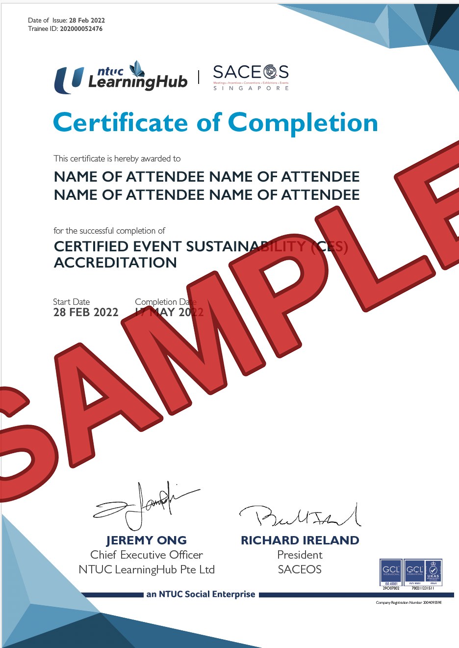 Sample CES Certificate of Completion issued by NTUC LearningHub and SACEOS